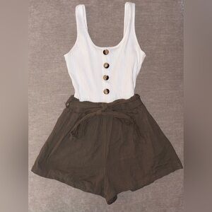 Women's white and green buttoned tank top romper